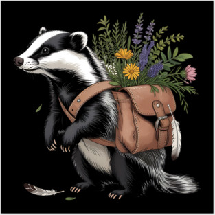 Cottagecore Badger with Wildflowers and Leather Satchel Posters and Art