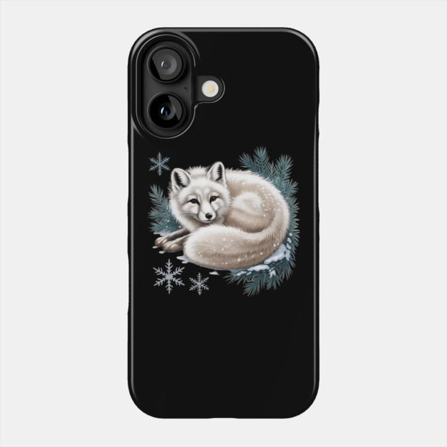 Vintage Winter Fox Curled in Snow with Pine and Snowflakes Phone Case by BirdsnStuff