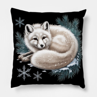 Vintage Winter Fox Curled in Snow with Pine and Snowflakes Pillow