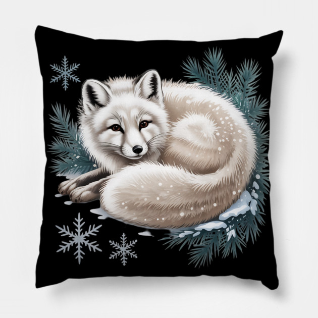 Vintage Winter Fox Curled in Snow with Pine and Snowflakes Pillow by BirdsnStuff