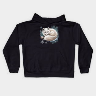 Vintage Winter Fox Curled in Snow with Pine and Snowflakes Kids Hoodie
