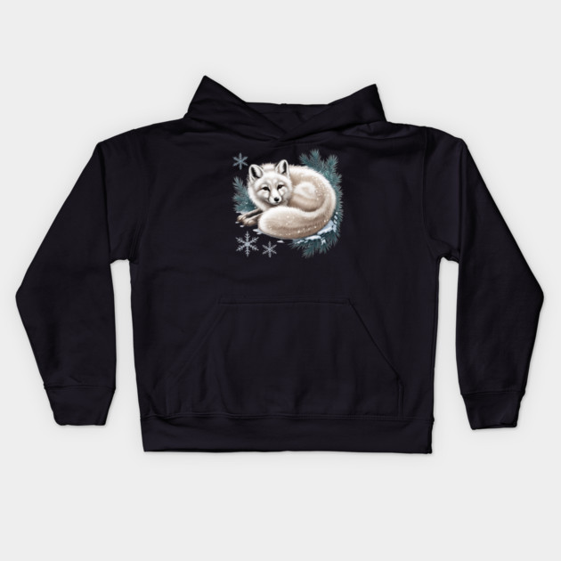 Vintage Winter Fox Curled in Snow with Pine and Snowflakes Kids Hoodie by BirdsnStuff