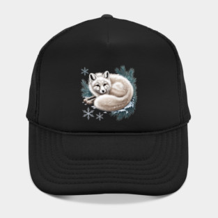 Vintage Winter Fox Curled in Snow with Pine and Snowflakes Hat