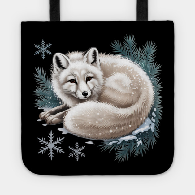 Vintage Winter Fox Curled in Snow with Pine and Snowflakes Tote by BirdsnStuff