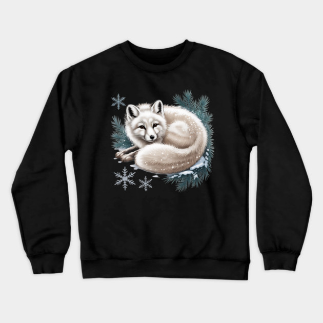 Vintage Winter Fox Curled in Snow with Pine and Snowflakes Crewneck Sweatshirt by BirdsnStuff