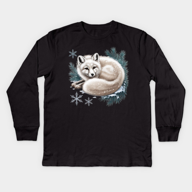 Vintage Winter Fox Curled in Snow with Pine and Snowflakes Kids Long Sleeve T-Shirt by BirdsnStuff