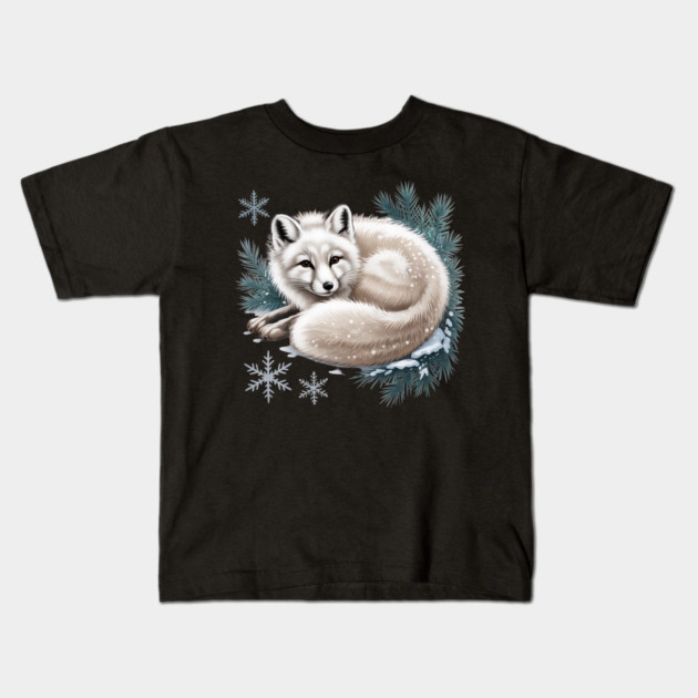 Vintage Winter Fox Curled in Snow with Pine and Snowflakes Kids T-Shirt by BirdsnStuff