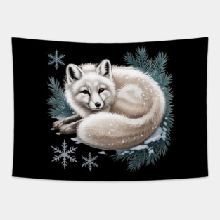 Vintage Winter Fox Curled in Snow with Pine and Snowflakes Tapestry