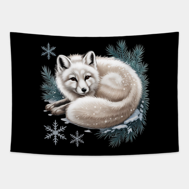 Vintage Winter Fox Curled in Snow with Pine and Snowflakes Tapestry by BirdsnStuff