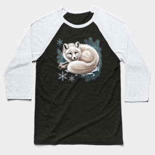 Vintage Winter Fox Curled in Snow with Pine and Snowflakes Baseball T-Shirt