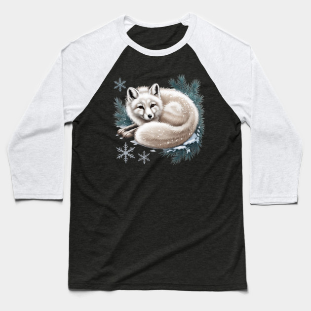 Vintage Winter Fox Curled in Snow with Pine and Snowflakes Baseball T-Shirt by BirdsnStuff
