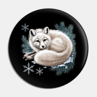 Vintage Winter Fox Curled in Snow with Pine and Snowflakes Pin