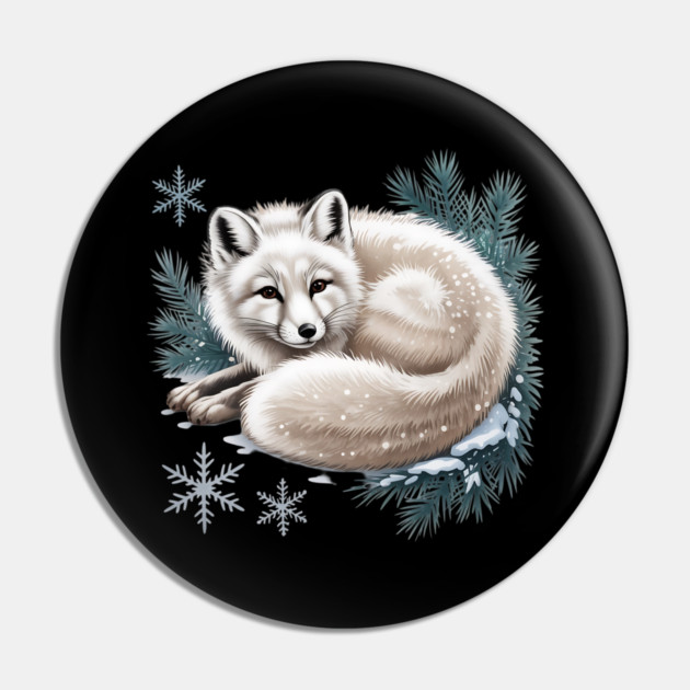 Vintage Winter Fox Curled in Snow with Pine and Snowflakes Pin by BirdsnStuff