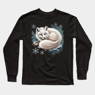 Vintage Winter Fox Curled in Snow with Pine and Snowflakes Long Sleeve T-Shirt