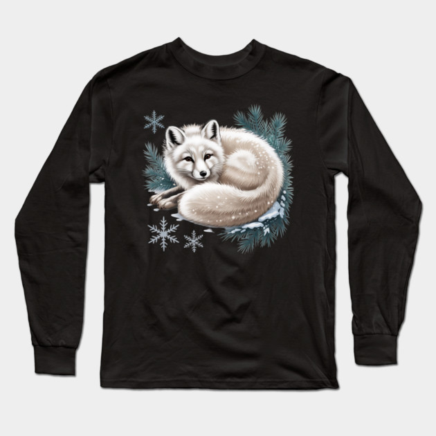 Vintage Winter Fox Curled in Snow with Pine and Snowflakes Long Sleeve T-Shirt by BirdsnStuff