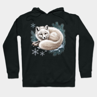 Vintage Winter Fox Curled in Snow with Pine and Snowflakes Hoodie