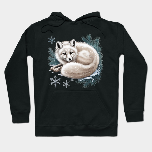 Vintage Winter Fox Curled in Snow with Pine and Snowflakes Hoodie by BirdsnStuff