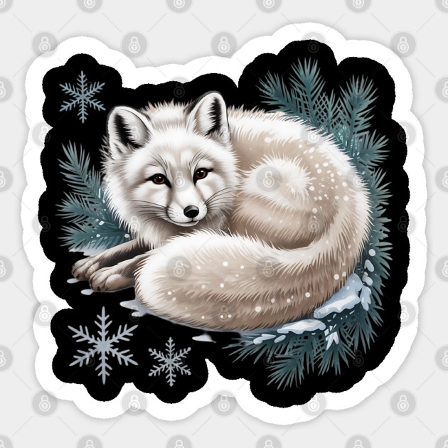 Vintage Winter Fox Curled in Snow with Pine and Snowflakes Sticker by BirdsnStuff