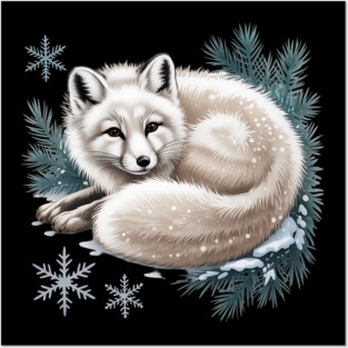 Vintage Winter Fox Curled in Snow with Pine and Snowflakes Posters and Art