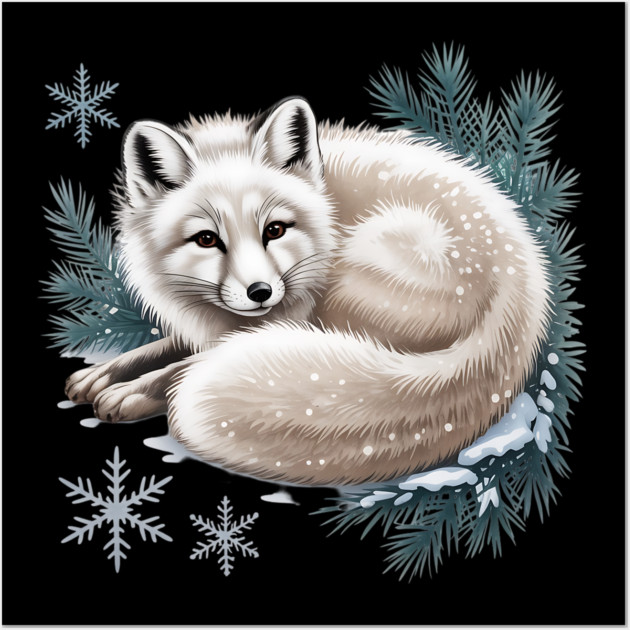 Vintage Winter Fox Curled in Snow with Pine and Snowflakes Wall Art by BirdsnStuff