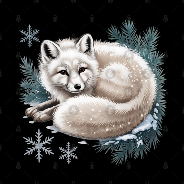 Vintage Winter Fox Curled in Snow with Pine and Snowflakes by BirdsnStuff