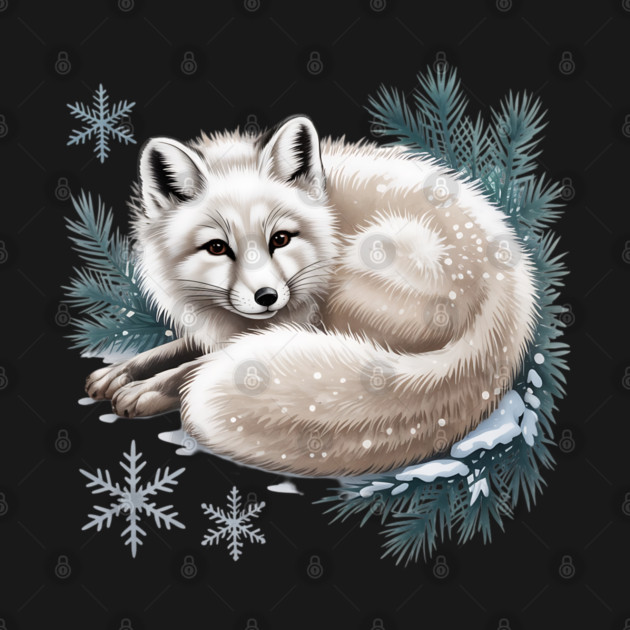 Vintage Winter Fox Curled in Snow with Pine and Snowflakes by BirdsnStuff