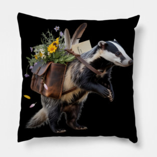 Rustic Badger with Satchel and Wildflowers Pillow