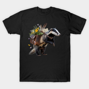 Rustic Badger with Satchel and Wildflowers T-Shirt