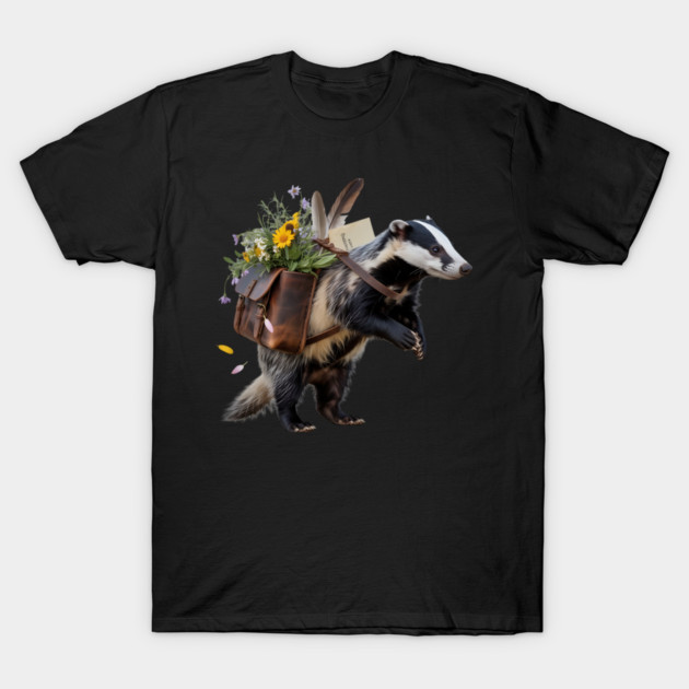 Rustic Badger with Satchel and Wildflowers T-Shirt by BirdsnStuff