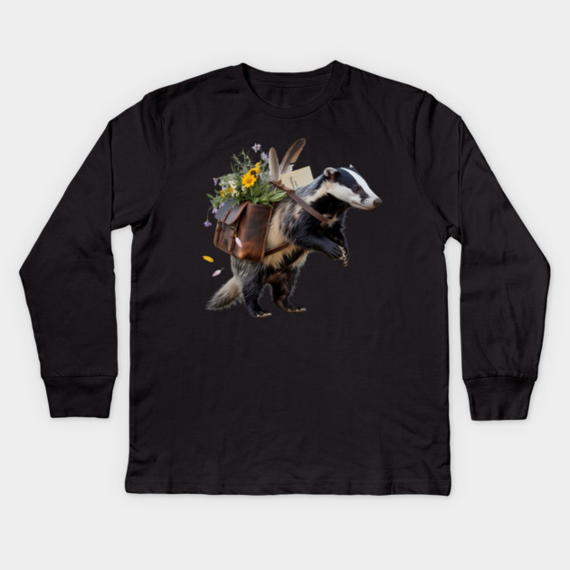 Rustic Badger with Satchel and Wildflowers Kids Long Sleeve T-Shirt by BirdsnStuff