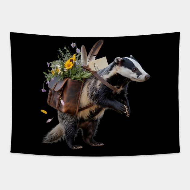 Rustic Badger with Satchel and Wildflowers Tapestry by BirdsnStuff