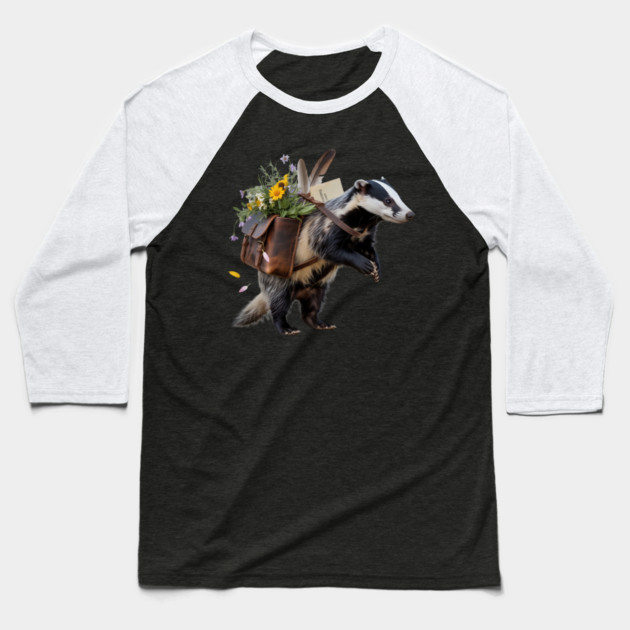Rustic Badger with Satchel and Wildflowers Baseball T-Shirt by BirdsnStuff