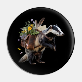 Rustic Badger with Satchel and Wildflowers Pin