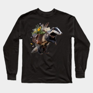 Rustic Badger with Satchel and Wildflowers Long Sleeve T-Shirt
