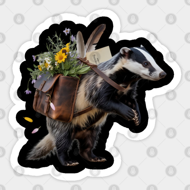 Rustic Badger with Satchel and Wildflowers Sticker by BirdsnStuff