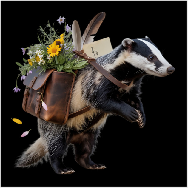 Rustic Badger with Satchel and Wildflowers Wall Art by BirdsnStuff