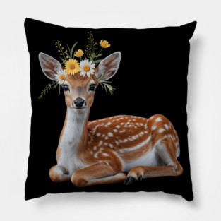 Fawn with Daisy and Buttercup Floral Crown Pillow