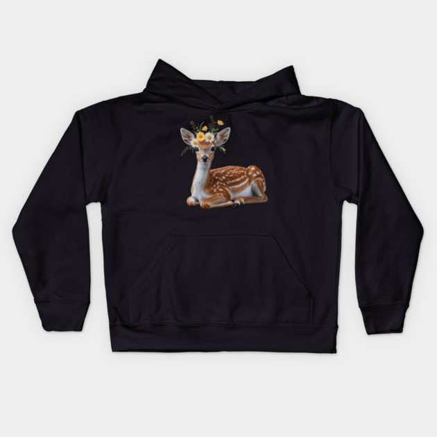 Fawn with Daisy and Buttercup Floral Crown Kids Hoodie by BirdsnStuff