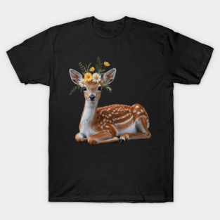 Fawn with Daisy and Buttercup Floral Crown T-Shirt