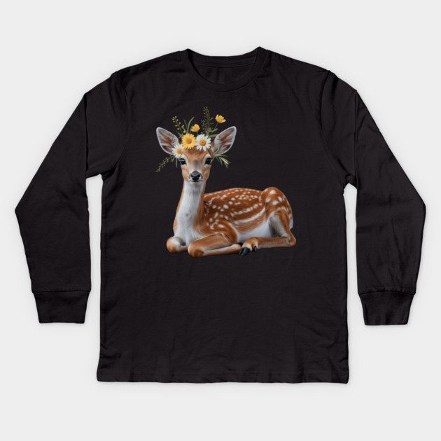 Fawn with Daisy and Buttercup Floral Crown Kids Long Sleeve T-Shirt by BirdsnStuff
