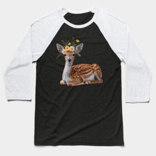Fawn with Daisy and Buttercup Floral Crown Baseball T-Shirt
