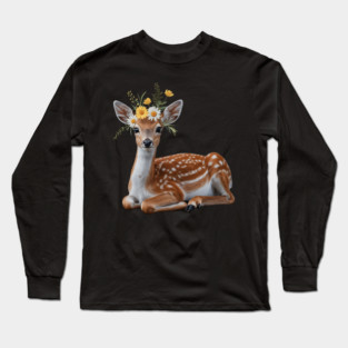 Fawn with Daisy and Buttercup Floral Crown Long Sleeve T-Shirt