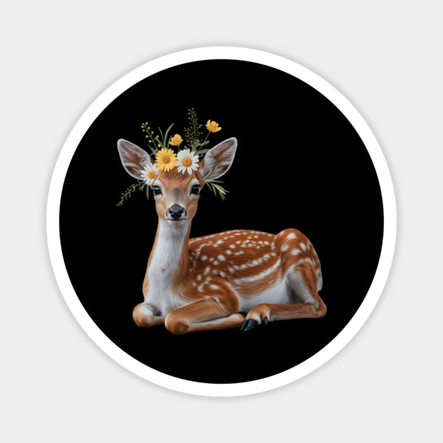 Fawn with Daisy and Buttercup Floral Crown Magnet by BirdsnStuff