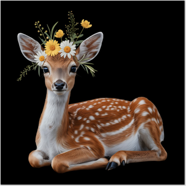 Fawn with Daisy and Buttercup Floral Crown Wall Art by BirdsnStuff