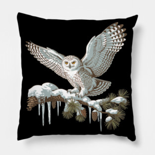 Snowy Owl on Winter Pine Branch Vintage Illustration Pillow