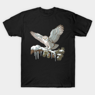 Snowy Owl on Winter Pine Branch Vintage Illustration T-Shirt