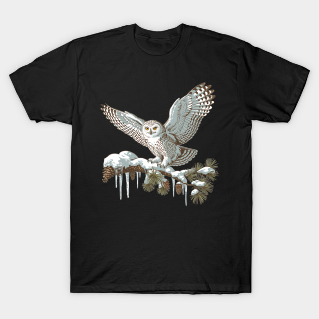 Snowy Owl on Winter Pine Branch Vintage Illustration T-Shirt by BirdsnStuff