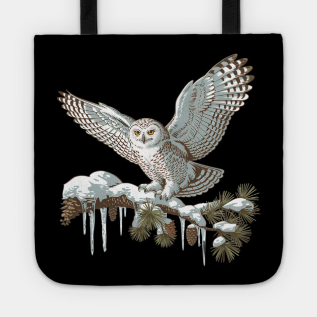 Snowy Owl on Winter Pine Branch Vintage Illustration Tote by BirdsnStuff