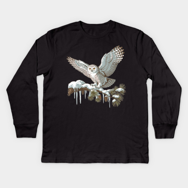 Snowy Owl on Winter Pine Branch Vintage Illustration Kids Long Sleeve T-Shirt by BirdsnStuff