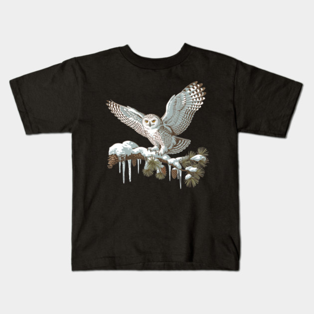 Snowy Owl on Winter Pine Branch Vintage Illustration Kids T-Shirt by BirdsnStuff